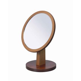 Wooden Makeup Round Mirror with Pedestal Base, Brown and Silver