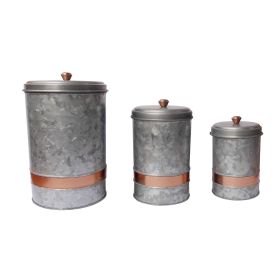 Galvanized Metal Lidded Canister With Copper Band, Set of Three, Gray