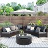 6 Pieces Outdoor Sectional Half Round Patio Rattan Sofa Set; PE Wicker Conversation Furniture Set w/ One Storage Side Table for Umbrella and One Multi