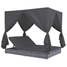 Patio Lounge Bed with Curtains Poly Rattan Gray