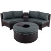 6 Pieces Outdoor Sectional Half Round Patio Rattan Sofa Set; PE Wicker Conversation Furniture Set w/ One Storage Side Table for Umbrella and One Multi